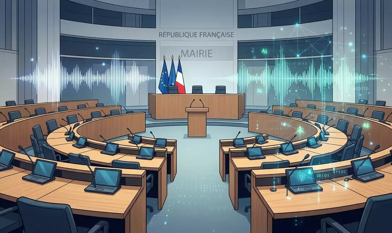 Illustration d'une salle de conseil municipal française moderne avec des éléments graphiques numériques de transcription par intelligence artificielle (ondes sonores, données informatiques) — image générée par Gemini.