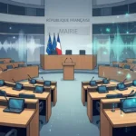 Illustration d'une salle de conseil municipal française moderne avec des éléments graphiques numériques de transcription par intelligence artificielle (ondes sonores, données informatiques) — image générée par Gemini.