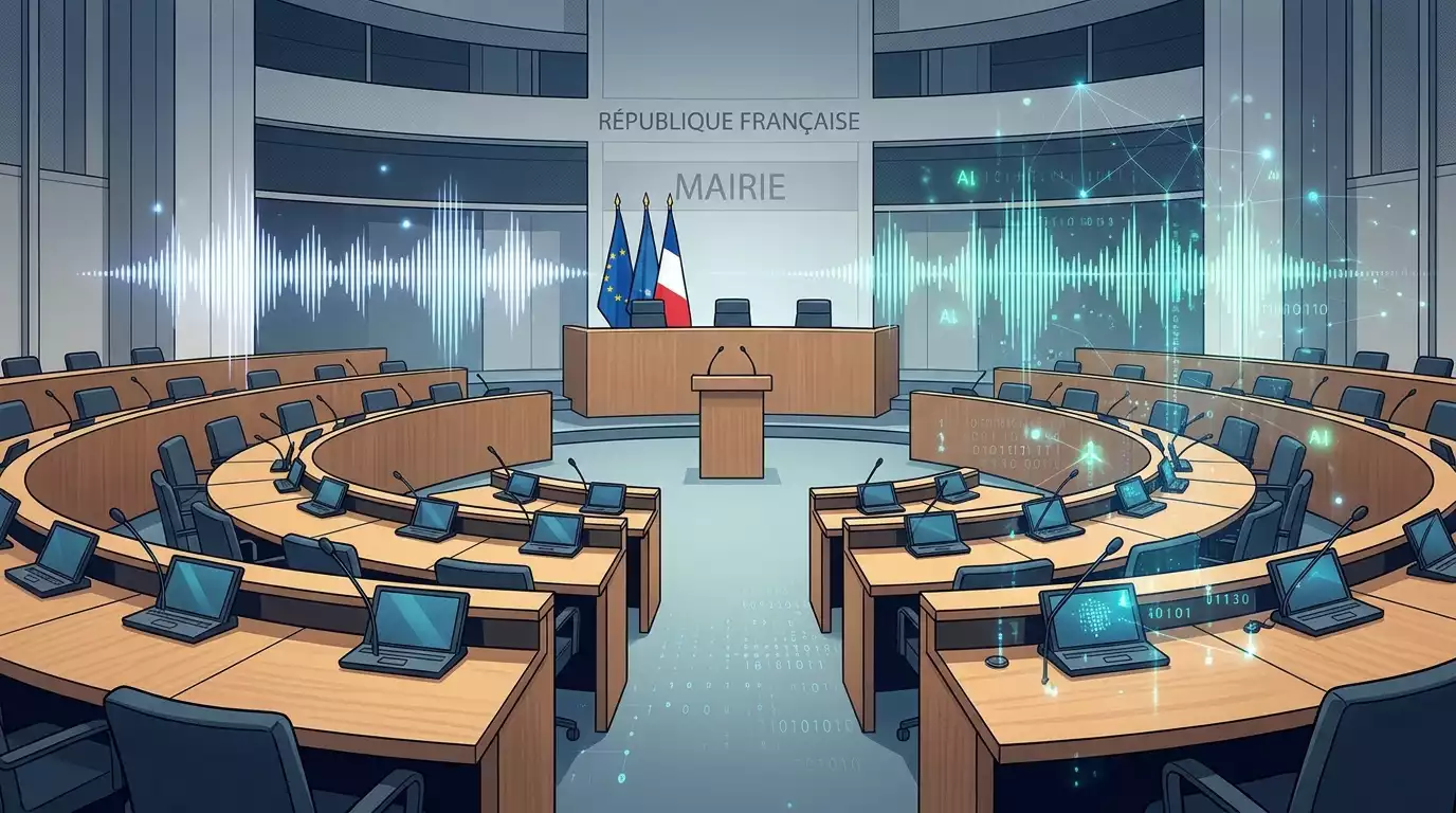 Illustration d'une salle de conseil municipal française moderne avec des éléments graphiques numériques de transcription par intelligence artificielle (ondes sonores, données informatiques) — image générée par Gemini.