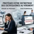Illustration sur la prévention des fraudes au virement en entreprise (fraude au président et faux fournisseur) montrant des collaborateurs face à des messages de phishing et des modifications de RIB. (Généré par Gemini)