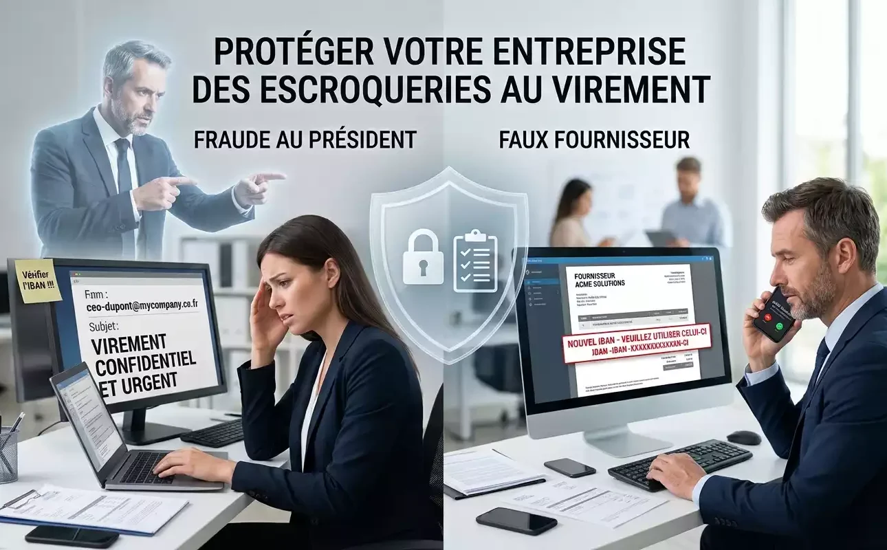 Illustration sur la prévention des fraudes au virement en entreprise (fraude au président et faux fournisseur) montrant des collaborateurs face à des messages de phishing et des modifications de RIB. (Généré par Gemini)