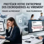 Illustration sur la prévention des fraudes au virement en entreprise (fraude au président et faux fournisseur) montrant des collaborateurs face à des messages de phishing et des modifications de RIB. (Généré par Gemini)