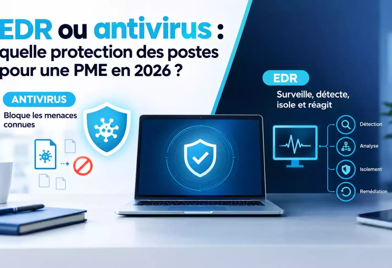 Illustration comparative entre un antivirus et un EDR pour une PME en 2026, montrant la prévention et la détection en temps réel (généré par IA)