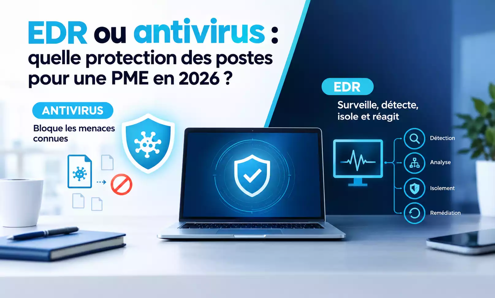Illustration comparative entre un antivirus et un EDR pour une PME en 2026, montrant la prévention et la détection en temps réel (généré par IA)