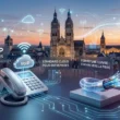 Illustration de la téléphonie VoIP à Tours avec vue panoramique sur la ville, téléphone IP, nuage cloud et fibre optique (image générée par Gemini)