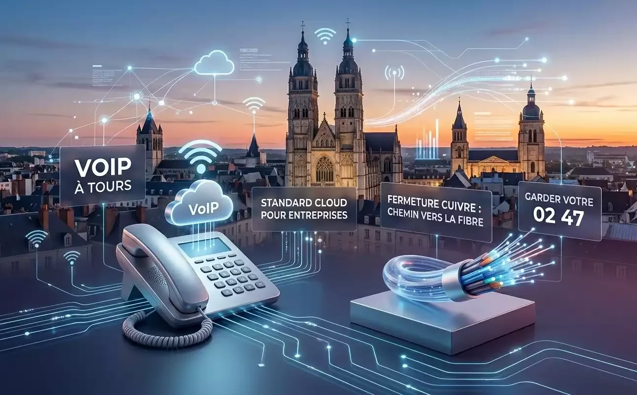 Illustration de la téléphonie VoIP à Tours avec vue panoramique sur la ville, téléphone IP, nuage cloud et fibre optique (image générée par Gemini)