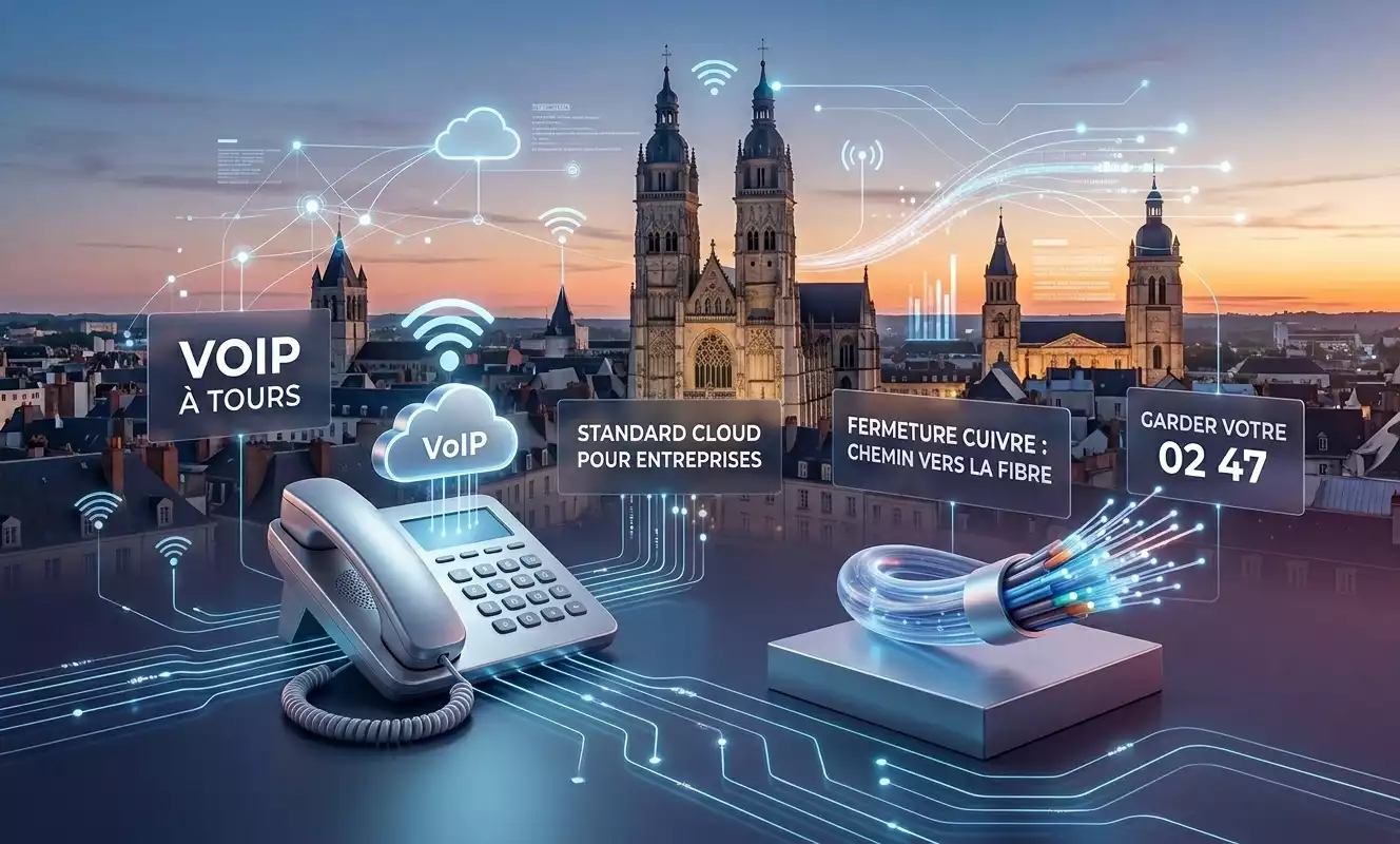 Illustration de la téléphonie VoIP à Tours avec vue panoramique sur la ville, téléphone IP, nuage cloud et fibre optique (image générée par Gemini)