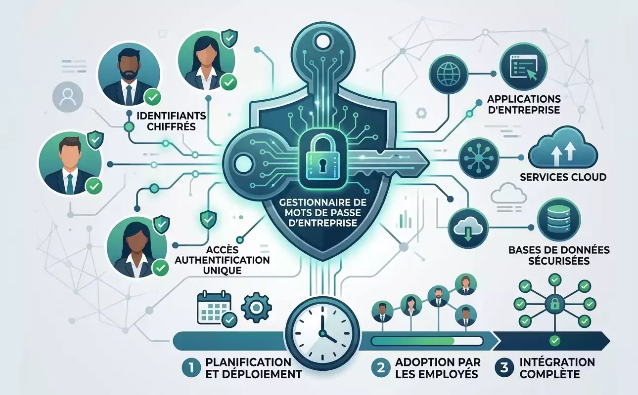 Infographie en français illustrant la gestion et le déploiement d'un gestionnaire de mots de passe en entreprise, du stockage des identifiants à l'adoption par les collaborateurs (généré par Gemini)