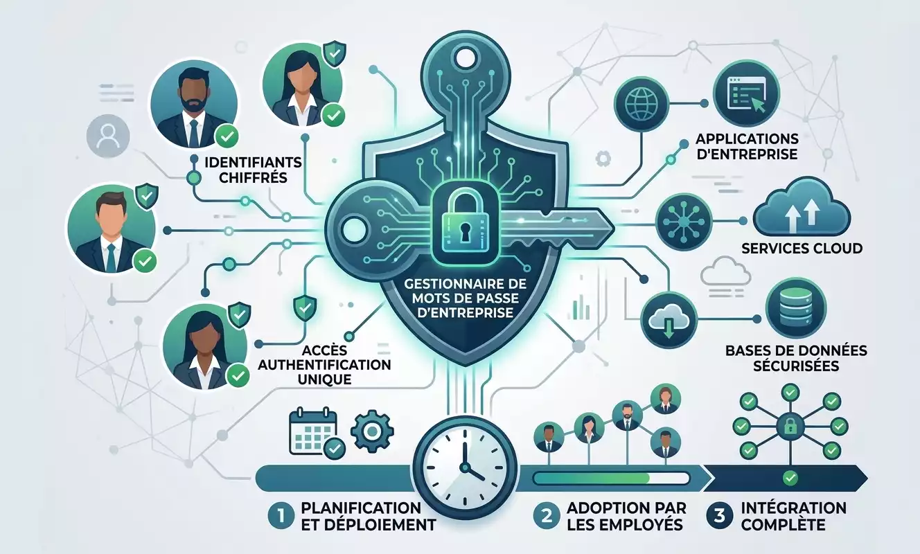 Infographie en français illustrant la gestion et le déploiement d'un gestionnaire de mots de passe en entreprise, du stockage des identifiants à l'adoption par les collaborateurs (généré par Gemini)