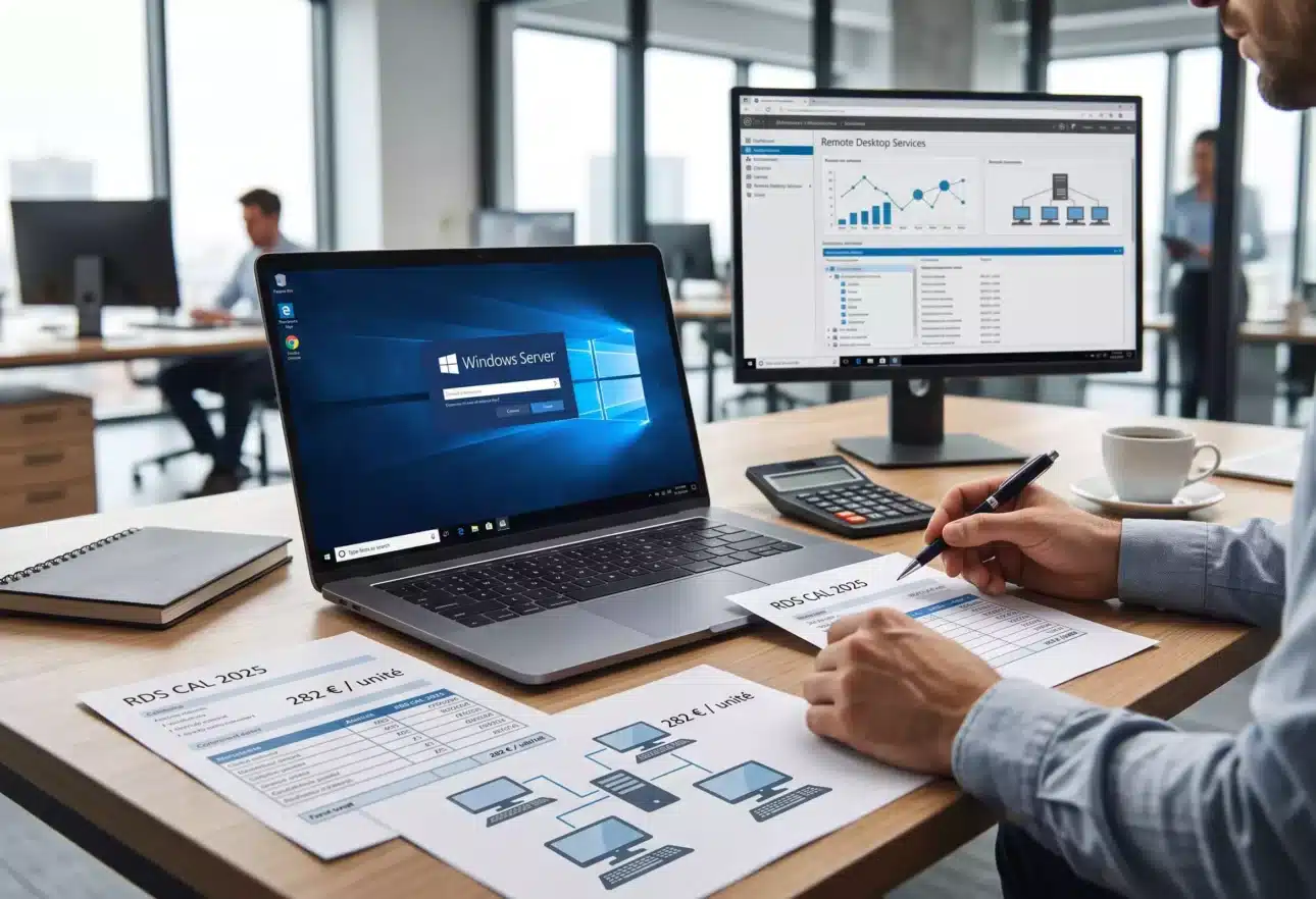 Un administrateur informatique calculant le budget de licences RDS CAL pour Windows Server devant un ordinateur portable et des documents de devis dans un bureau moderne. (Image générée par IA)