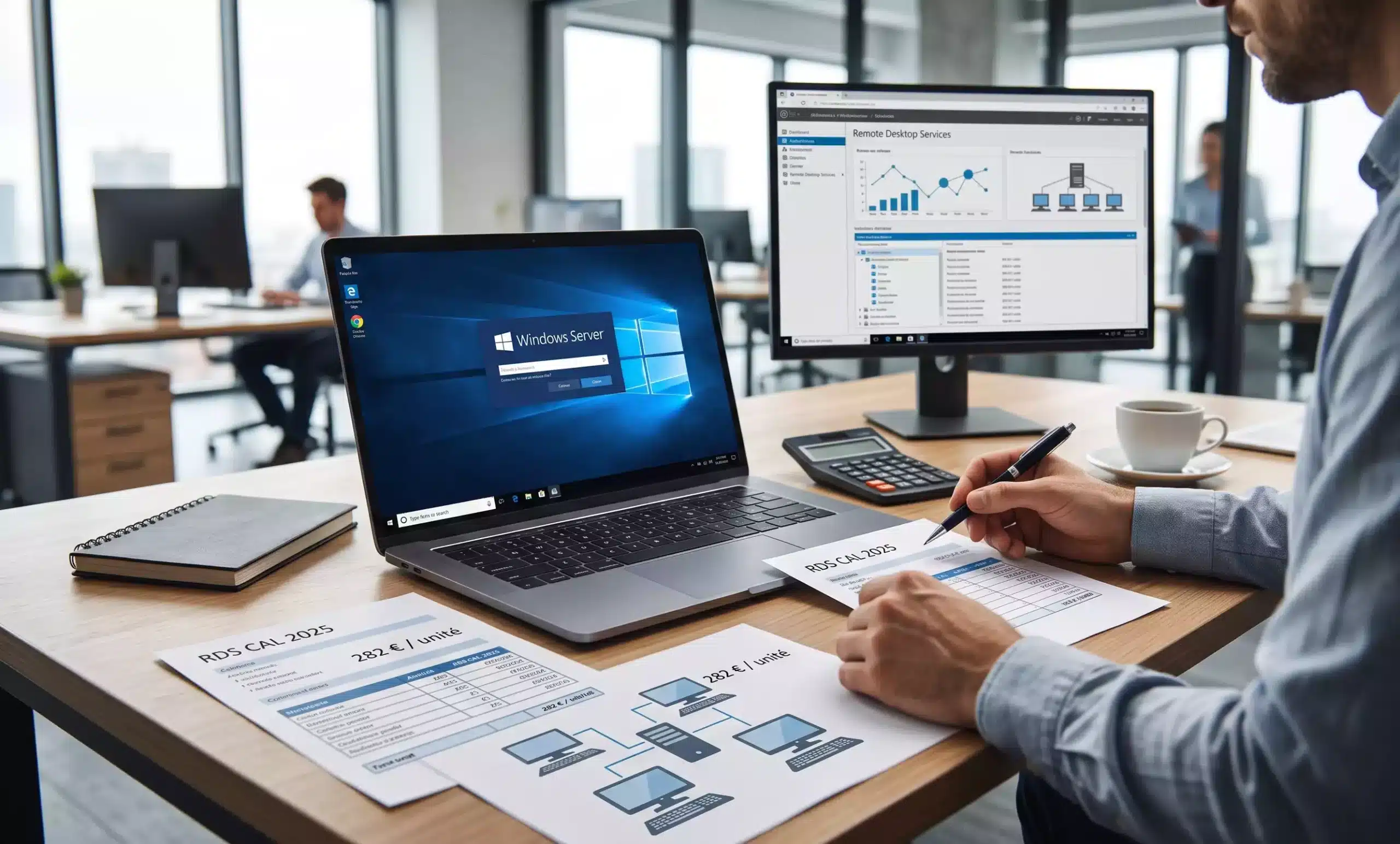 Un administrateur informatique calculant le budget de licences RDS CAL pour Windows Server devant un ordinateur portable et des documents de devis dans un bureau moderne. (Image générée par IA)